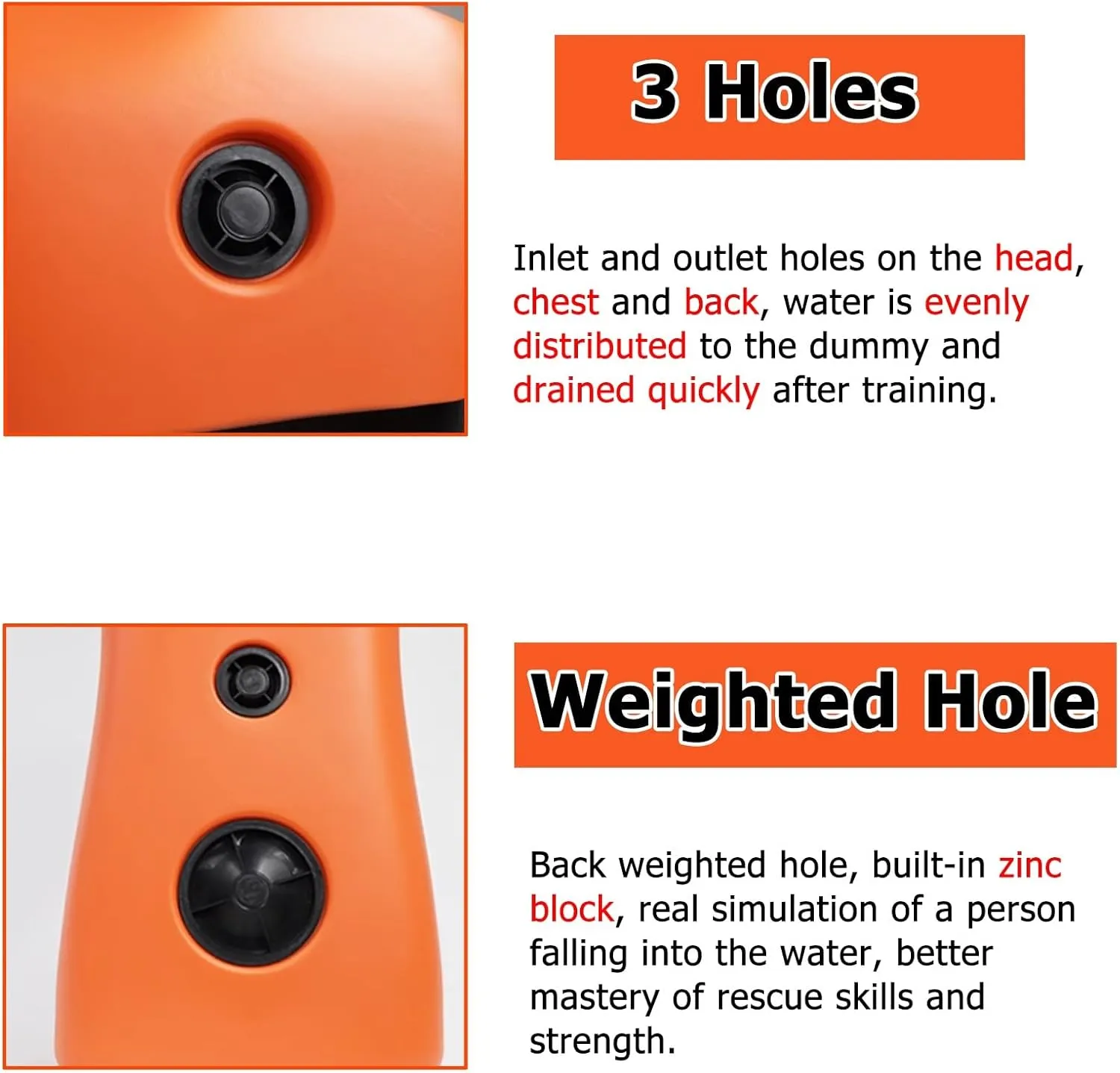 Realistic PE Water Rescue Training Dummy, 3.3ft Fire Training Drill Dummy for Kid Adult, Drowning Prevention Teaching Tools with 3 Inlet & Outlet Holes Orange Yellow(Orange,Set of 4)