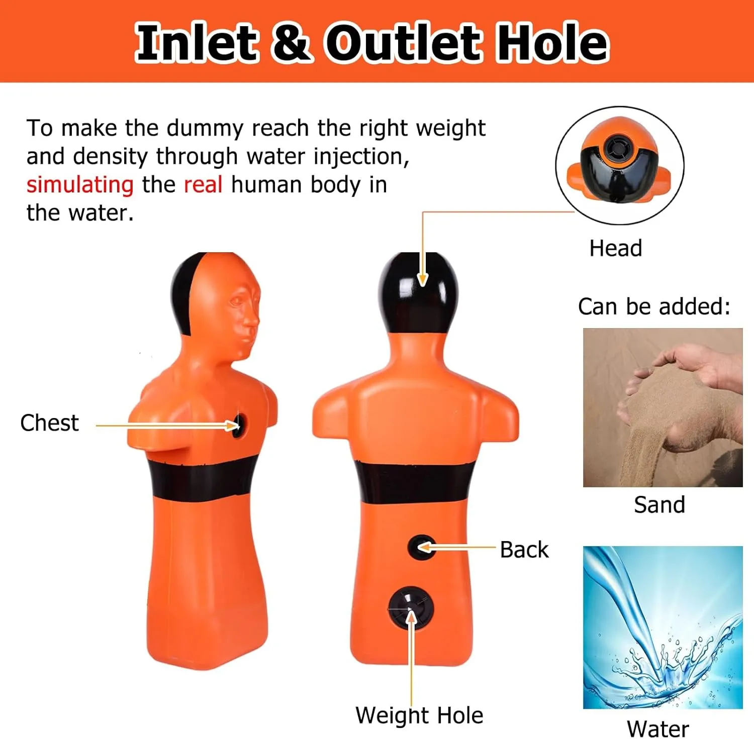 Realistic PE Water Rescue Training Dummy, 3.3ft Fire Training Drill Dummy for Kid Adult, Drowning Prevention Teaching Tools with 3 Inlet & Outlet Holes Orange Yellow(Orange,Set of 4)