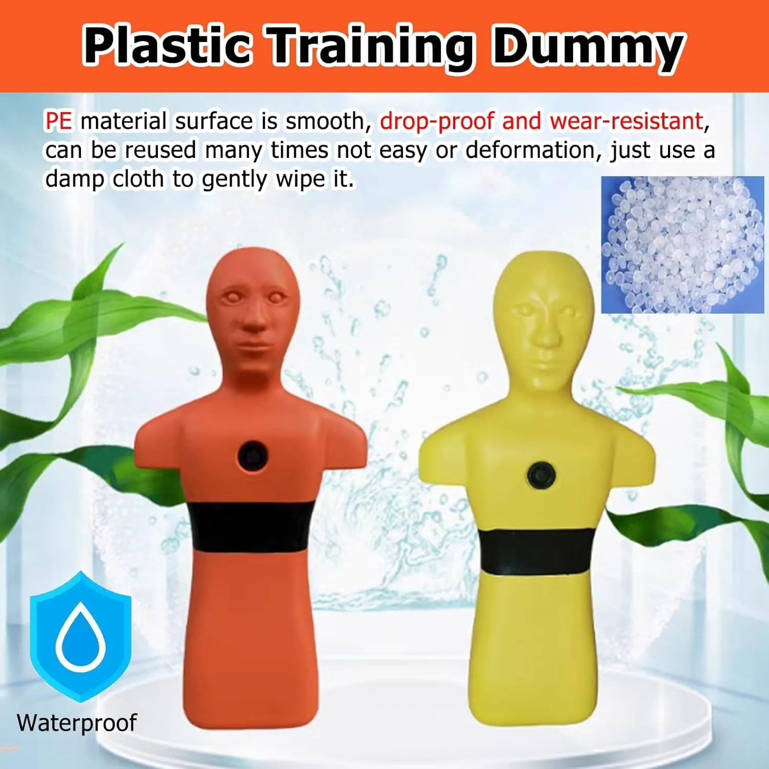 Realistic PE Water Rescue Training Dummy, 3.3ft Fire Training Drill Dummy for Kid Adult, Drowning Prevention Teaching Tools with 3 Inlet & Outlet Holes Orange Yellow(Orange,Set of 4)