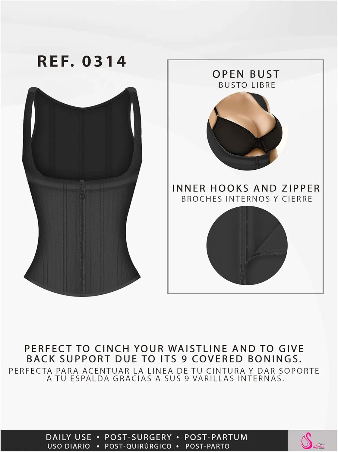 Salome 0314 Zip Waist Trainer Vest Faja Colombiana Chaleco Cinturilla Reductora de Mujer Black XL