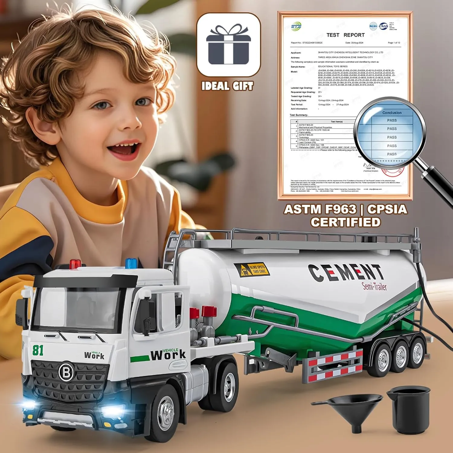 Semi Truck Toy for 3 4 5 6 7 Years Old Boys Toddlers, Large Tanker Truck with Metal Cab, Lights and Sounds, Working Water Pump, Friction Powered Tractor Trailer Car for Kids,18.2"
