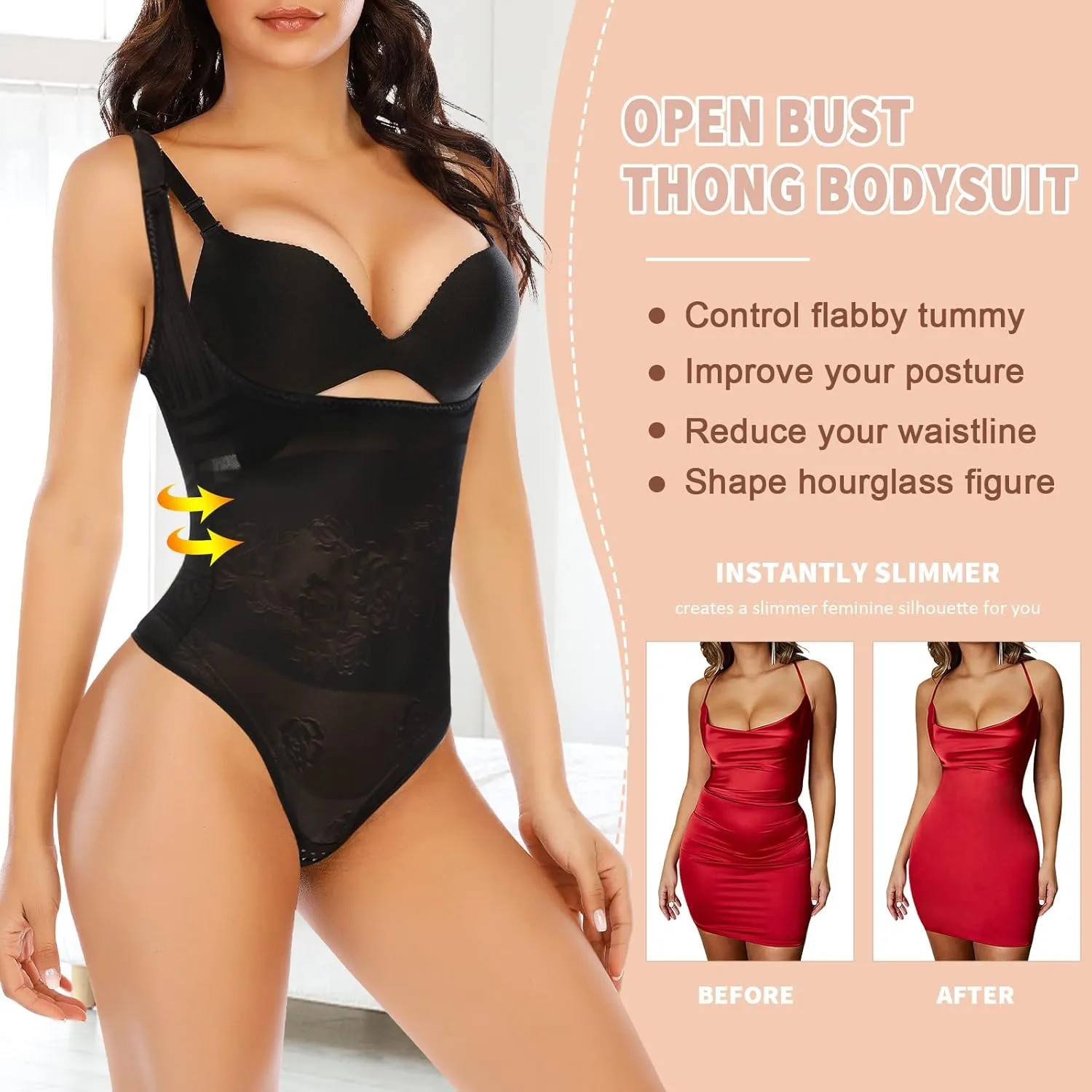 Shapewear Bodysuit Thong for Women Tummy Control Open Bust Body Shaper Waist Slimmer Cincher