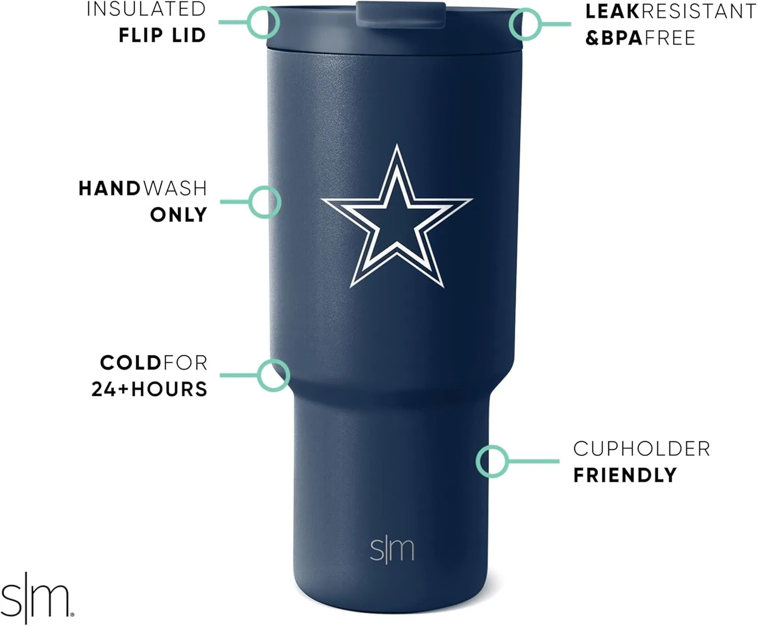 Simple Modern Officially Licensed NFL Dallas Cowboys 30 oz Tumbler with Flip Lid and Straws | Insulated Cup Stainless Steel | Gifts for Men Women | Trek Collection | Dallas Cowboys