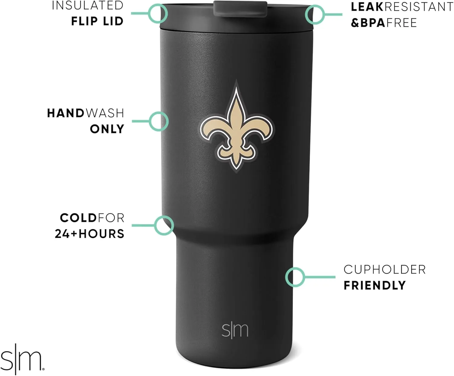 Simple Modern Officially Licensed NFL New Orleans Saints 30 oz Tumbler with Flip Lid and Straws | Insulated Cup Stainless Steel | Gifts for Men Women | Trek Collection | New Orleans Saints