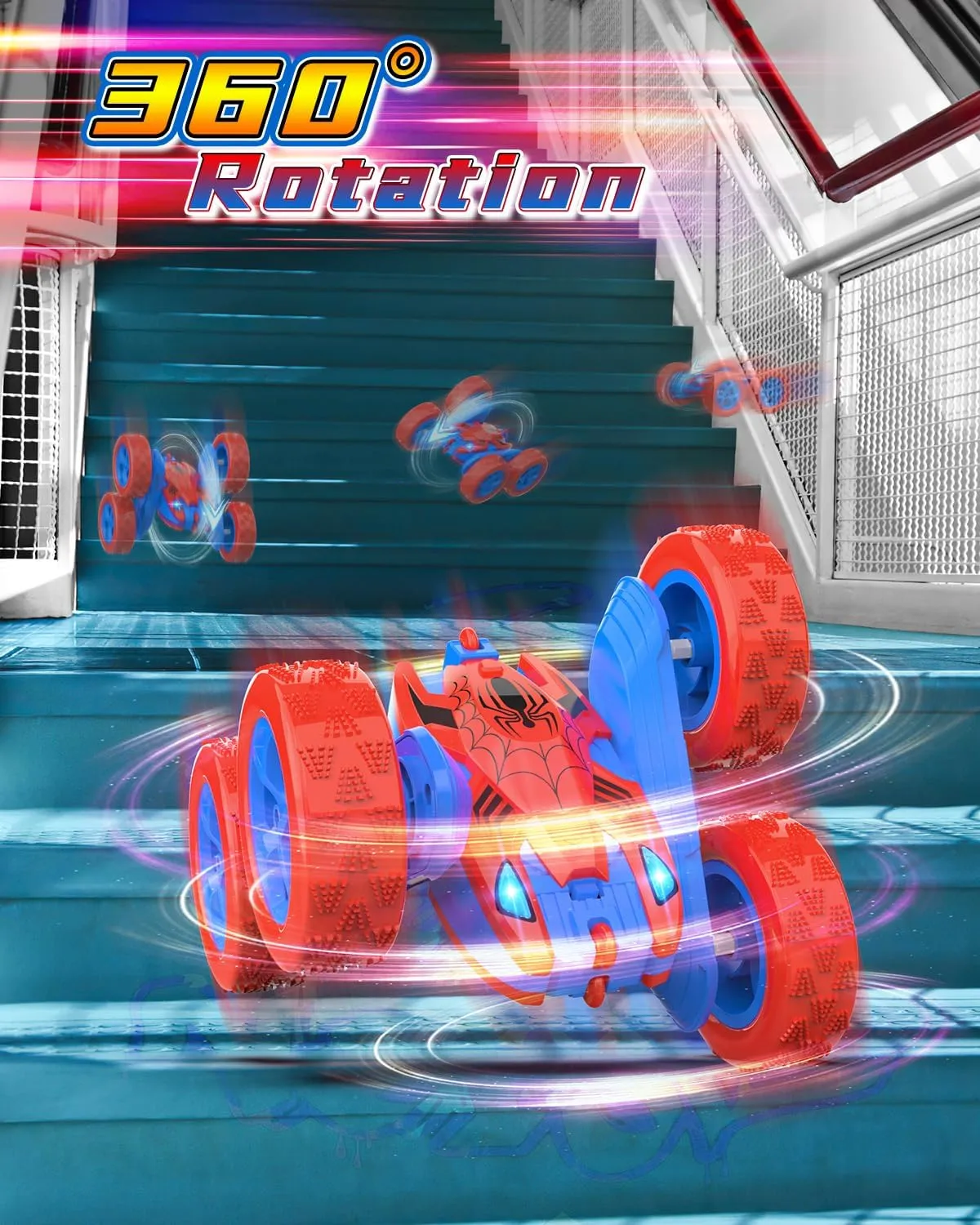 Spider Remote Control Car for Kids RC Stunt Cars for Boys 360°Rotating 4WD Electric Rechargeable Vehicle Toy Car for Boy Age 6-8 10-12 Spider Toys for 6 7 8 9 10 Year Old (Blue&Red)