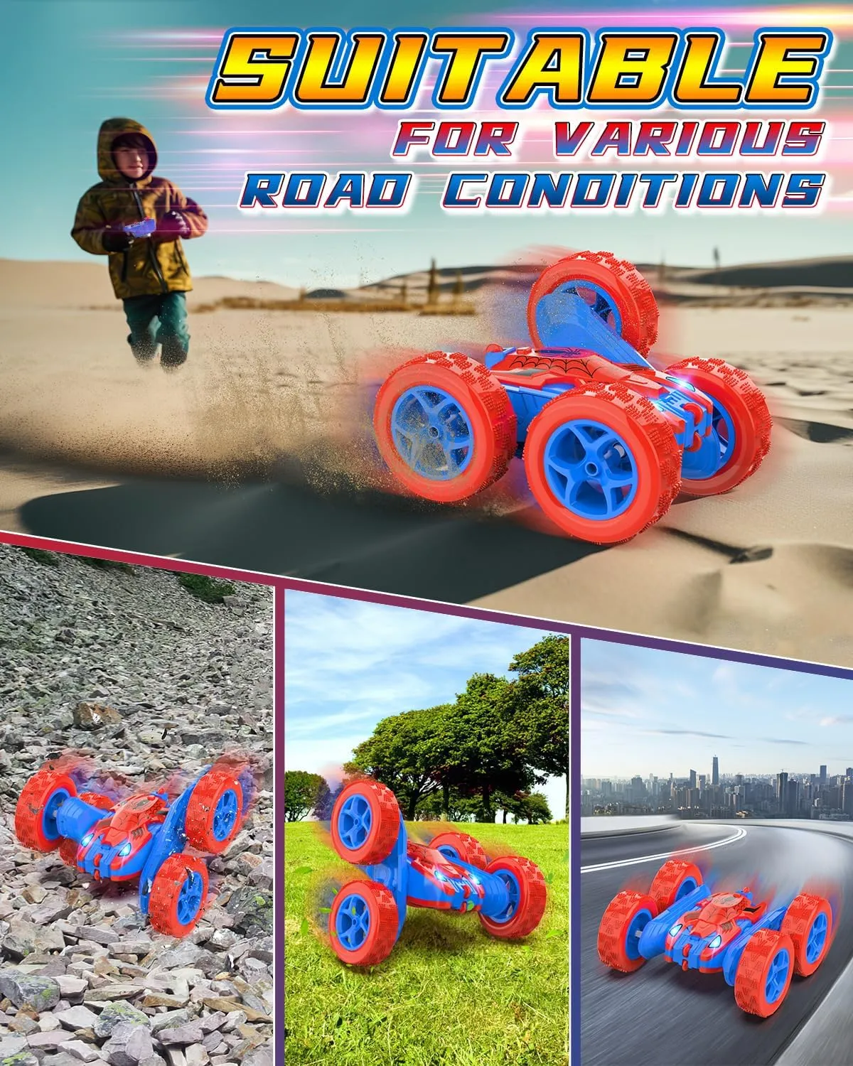 Spider Remote Control Car for Kids RC Stunt Cars for Boys 360°Rotating 4WD Electric Rechargeable Vehicle Toy Car for Boy Age 6-8 10-12 Spider Toys for 6 7 8 9 10 Year Old (Blue&Red)