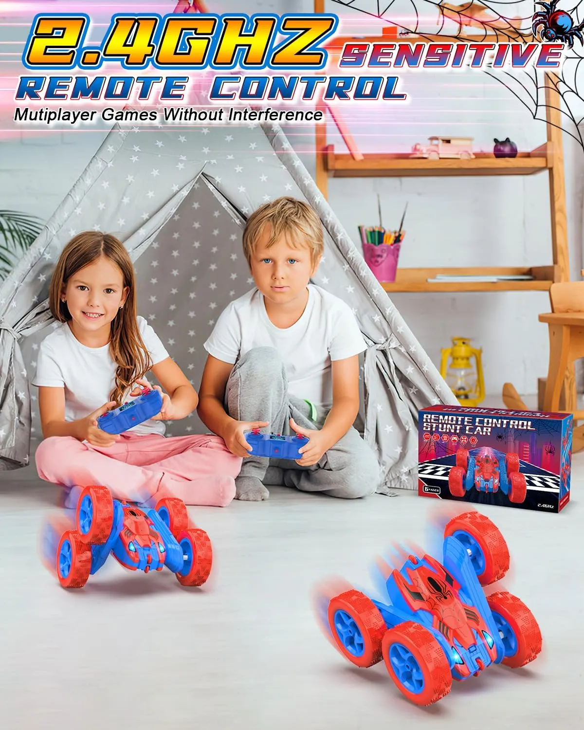 Spider Remote Control Car for Kids RC Stunt Cars for Boys 360°Rotating 4WD Electric Rechargeable Vehicle Toy Car for Boy Age 6-8 10-12 Spider Toys for 6 7 8 9 10 Year Old (Blue&Red)