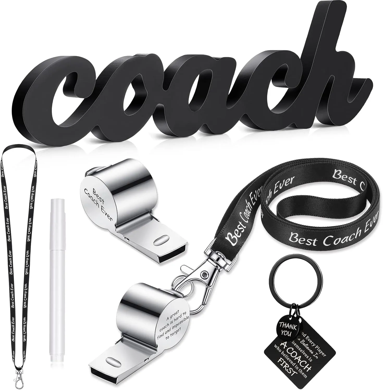 Sratte Thank You Gift for Coach Include Black Wood Word Sign, Whistles for Coach, Football Basketball Soccer Gifts