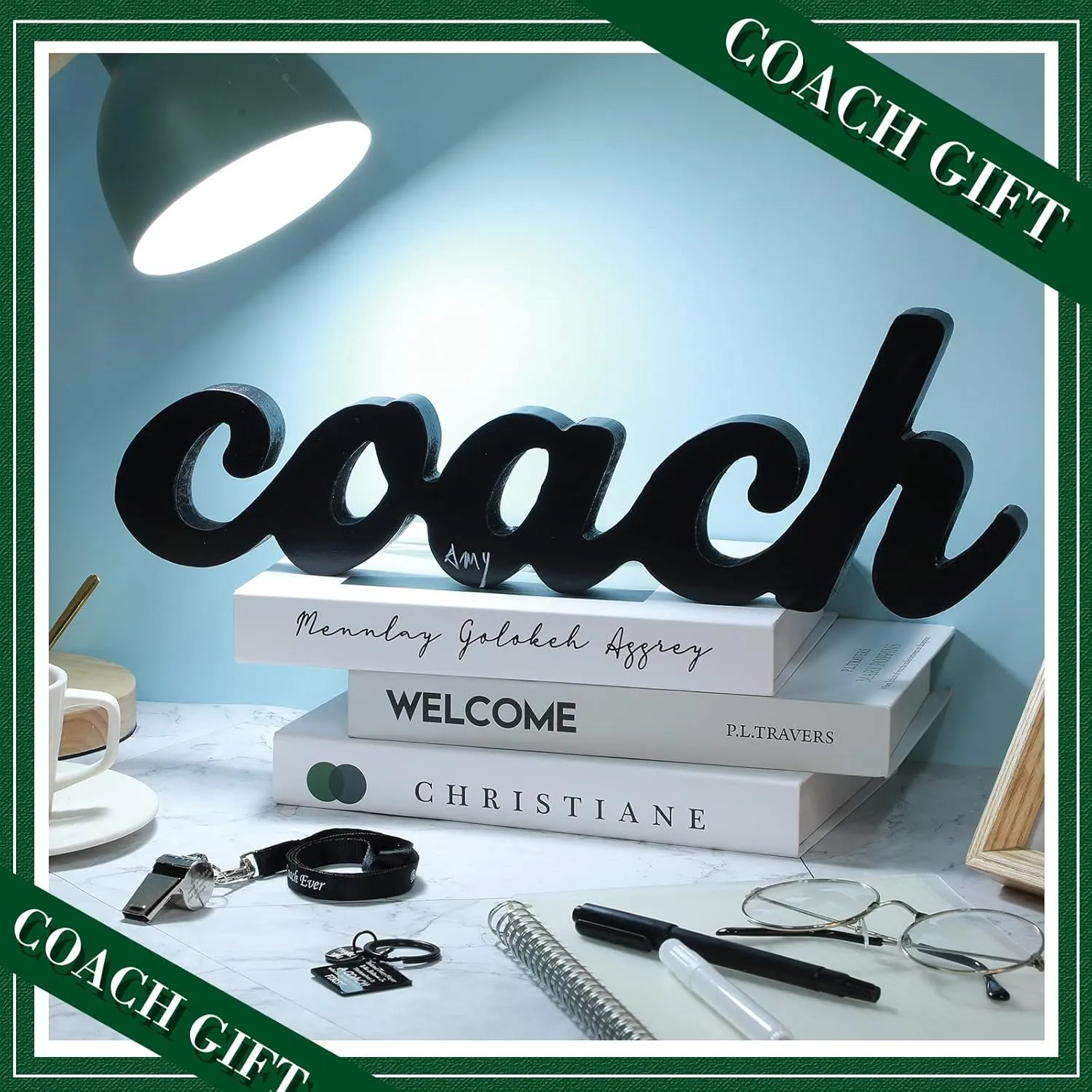 Sratte Thank You Gift for Coach Include Black Wood Word Sign, Whistles for Coach, Football Basketball Soccer Gifts