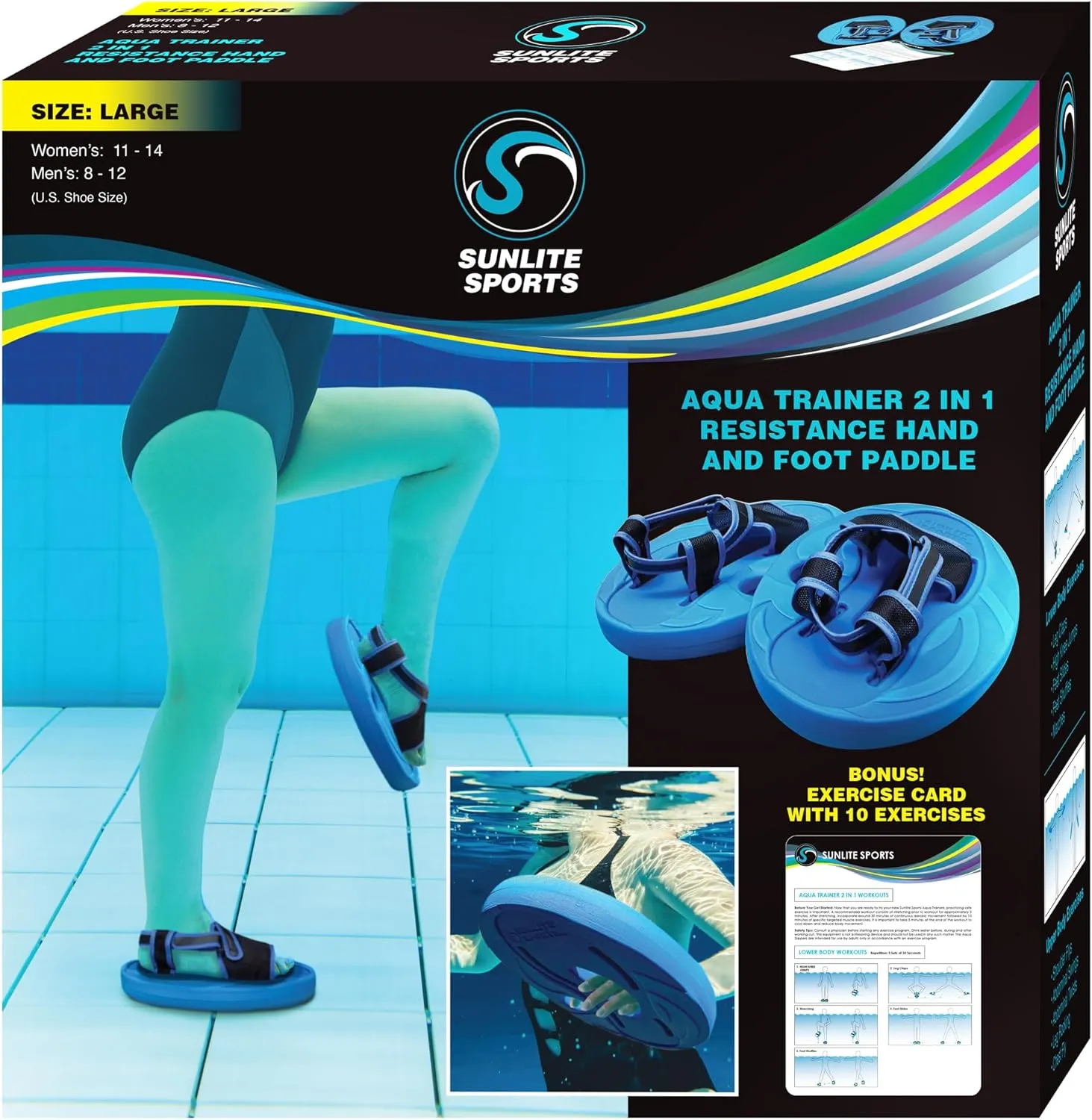 Sunlite Sports Aqua Trainer 2-in-1 Resistance Hand and Feet Paddle, Water Aerobics Set for Pool, Adult Aquatic Exercise for Aqua Workout, Low Impact Upper Lower Body Workouts