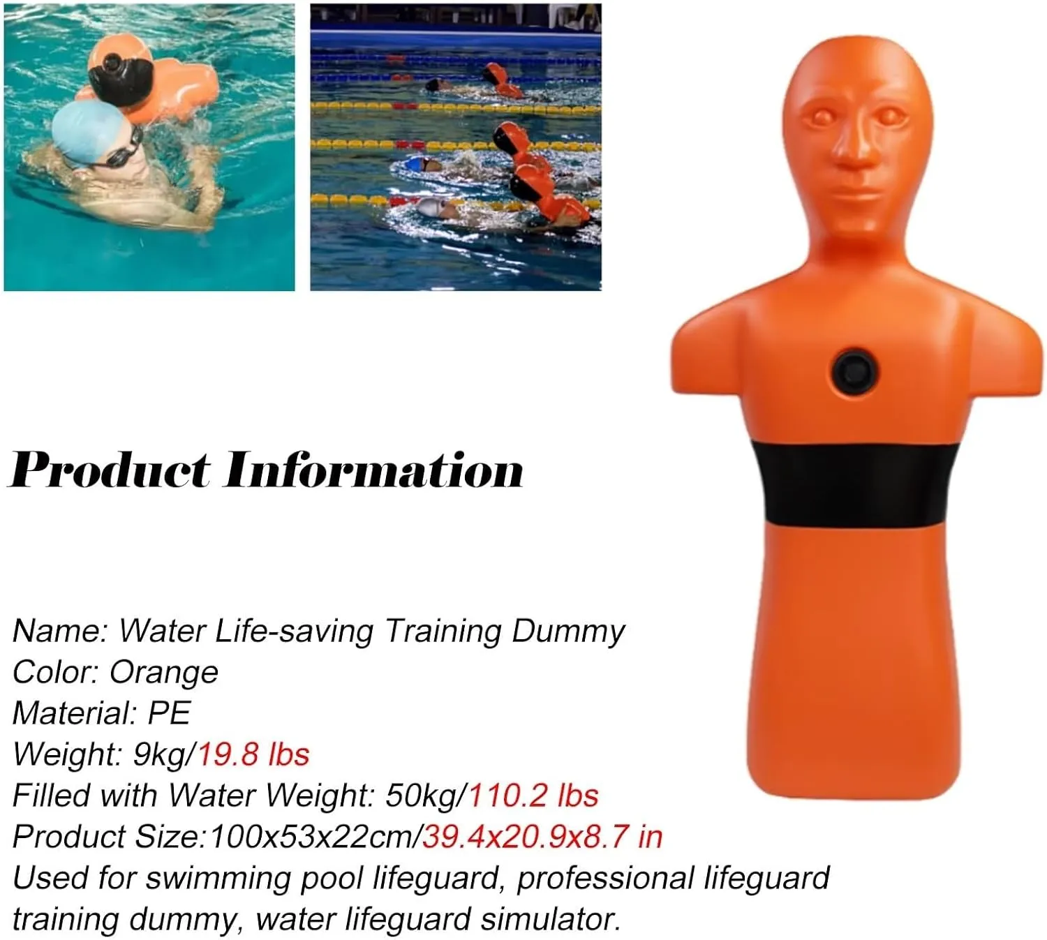 Swimming Life Saving Training Dummy Large, 39.4in Water Simulation Rescue Dummys for Pool, Oceans/Lakes Drowning Prevention Teaching Tools Kids, Orange & Yellow PE(Orange)