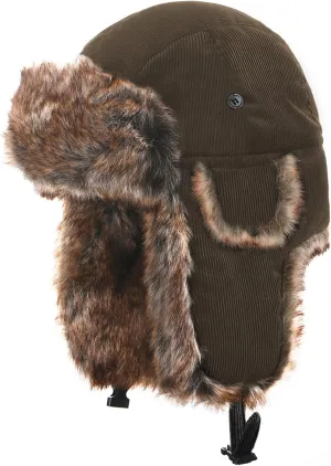 Unisex Corduroy Winter Hat Faux Fur Aviator Trapper Hat Warm Earflap Cap