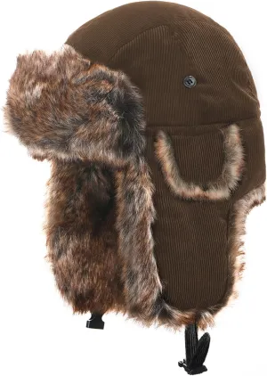 Unisex Corduroy Winter Hat Faux Fur Aviator Trapper Hat Warm Earflap Cap