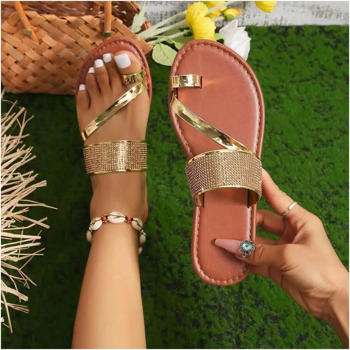 Verdusa Women's Summer Metallic Thong Sandals Open Toe Flip Flop Slides