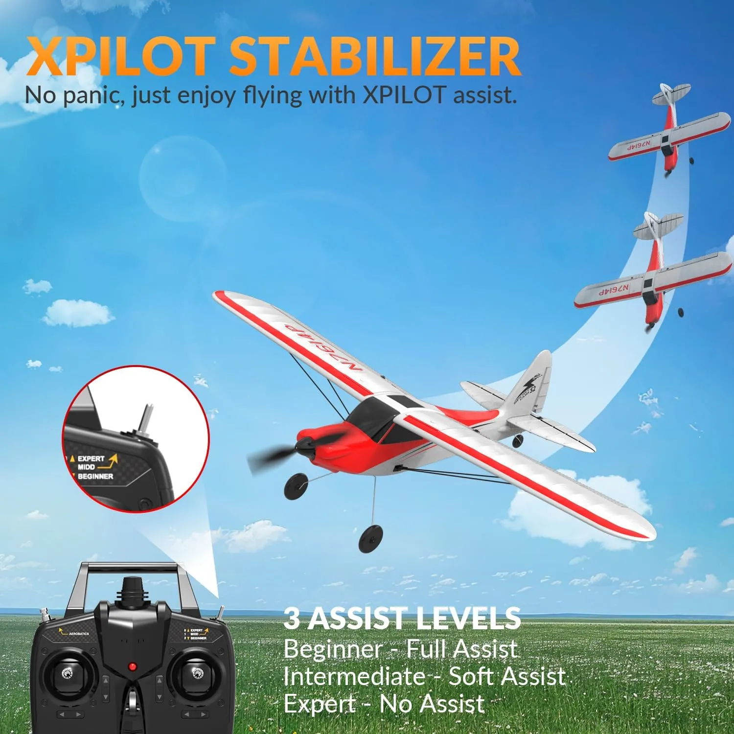 VOLANTEXRC RC Plane Trainer Sport Cub 4CH Remote Control Airplane with Prop Saver, 6-Axis Gyro Stabilizer & 3 Modes to Fly, Radio Controlled Aircraft RTF for Beginners, Kids and Adults (500mm,Red)