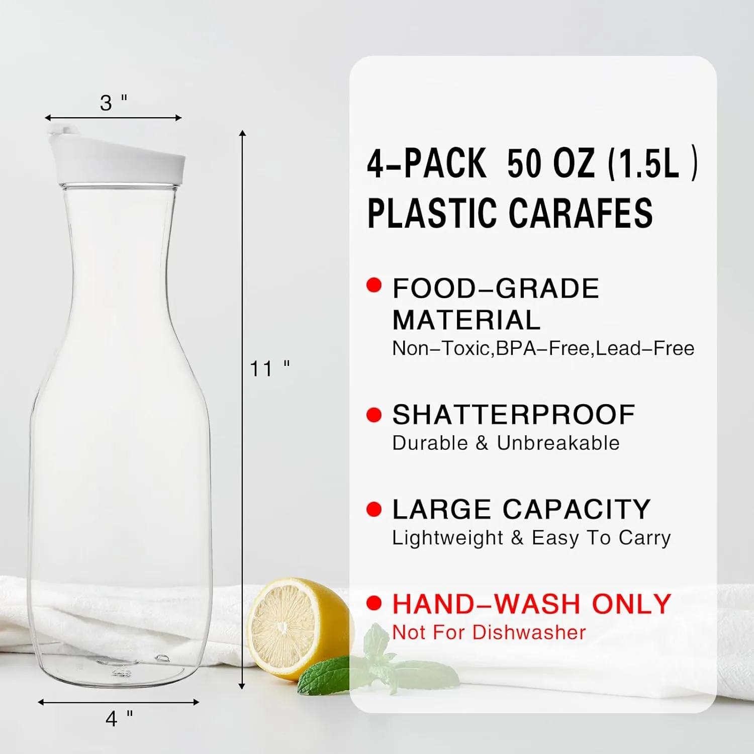 Water Carafe with Lid, 50 Oz Round Plastic Pitcher for Drinks, Milk, Mimosa Bar Supplies, Iced Tea, Juice Containers with Lids for Fridge, BPA-Free, NOT DISHWASHER SAFE, 4 Pack