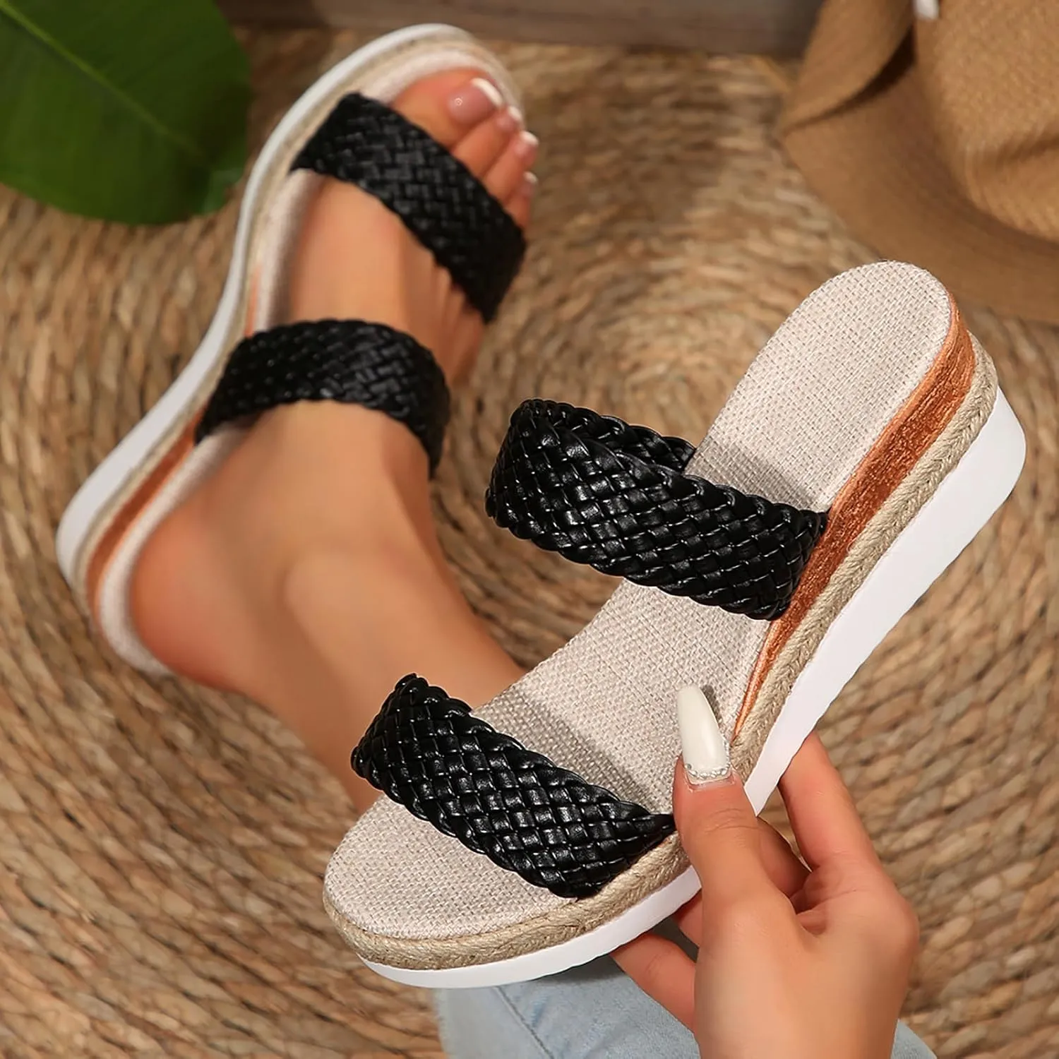 Womens Espadrilles Platform Wedge Sandals Summer Braided Open Toe Slip On Slide Sandals