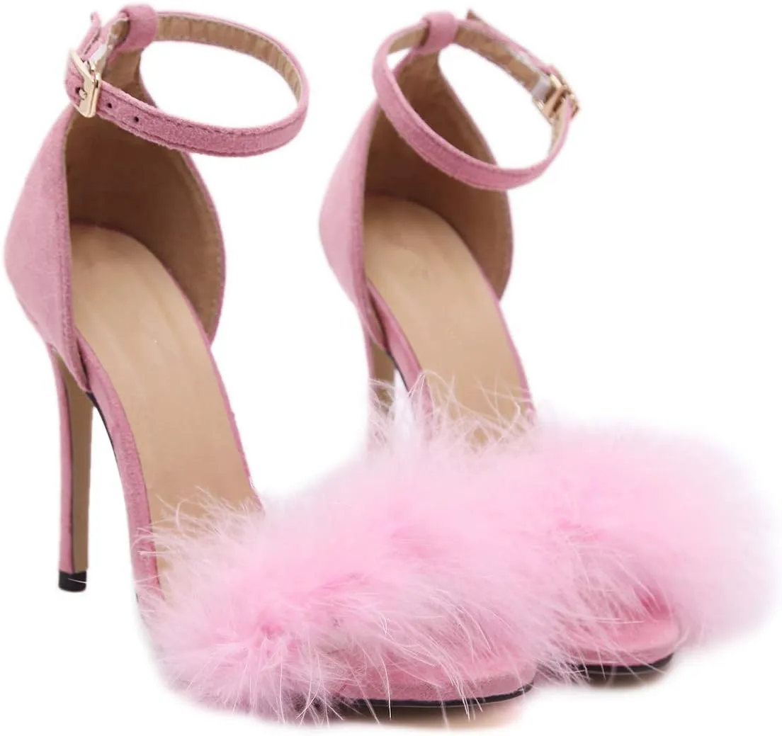 Women's Open Toe Ankle Strap Fluffy Feather Stiletto High Heel Dress Sandal
