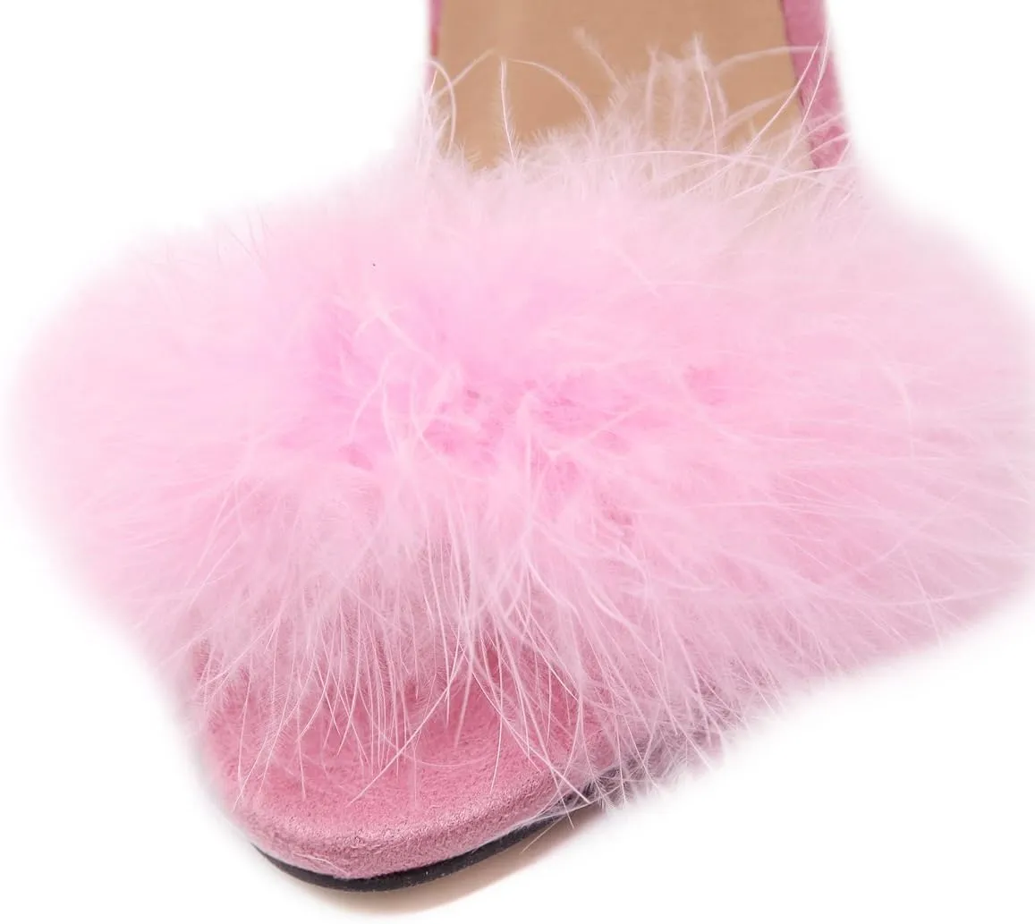 Women's Open Toe Ankle Strap Fluffy Feather Stiletto High Heel Dress Sandal