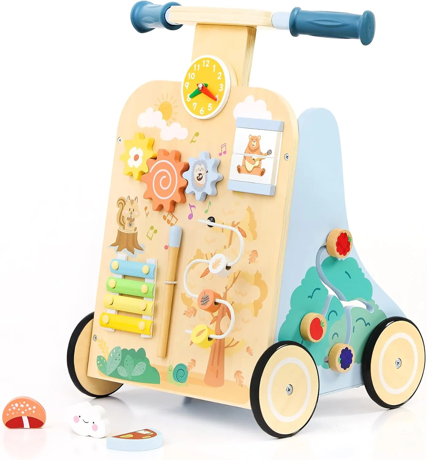 Wooden Baby Walker, Baby Push Walker for 12  Months, Baby Walker with Activity Center, Push and Pull Walkers for Boys Girls