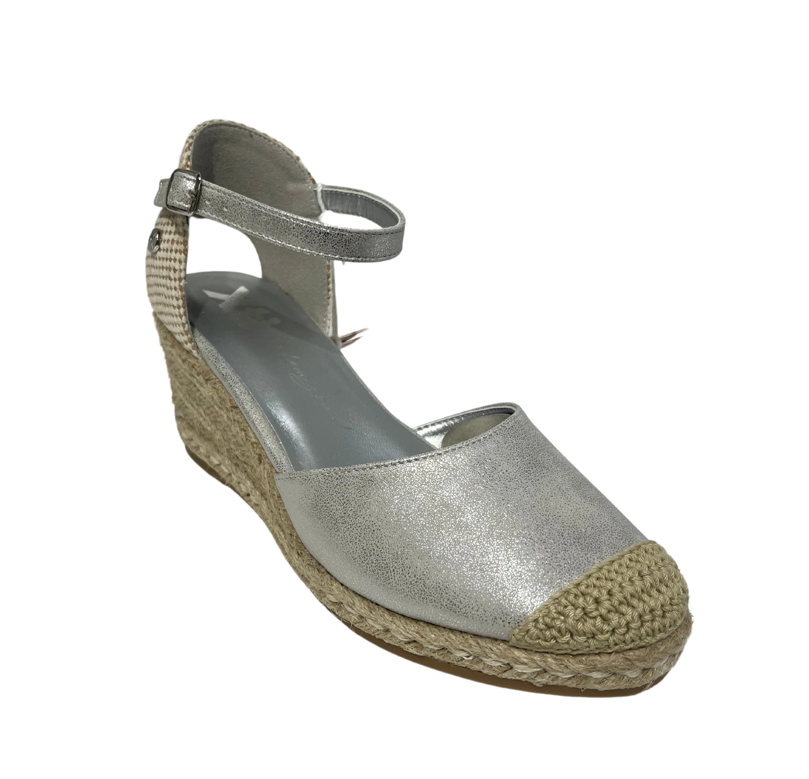 XTI Ladies Ankle Strap Espadrille Wedge Silver Shoe 142847