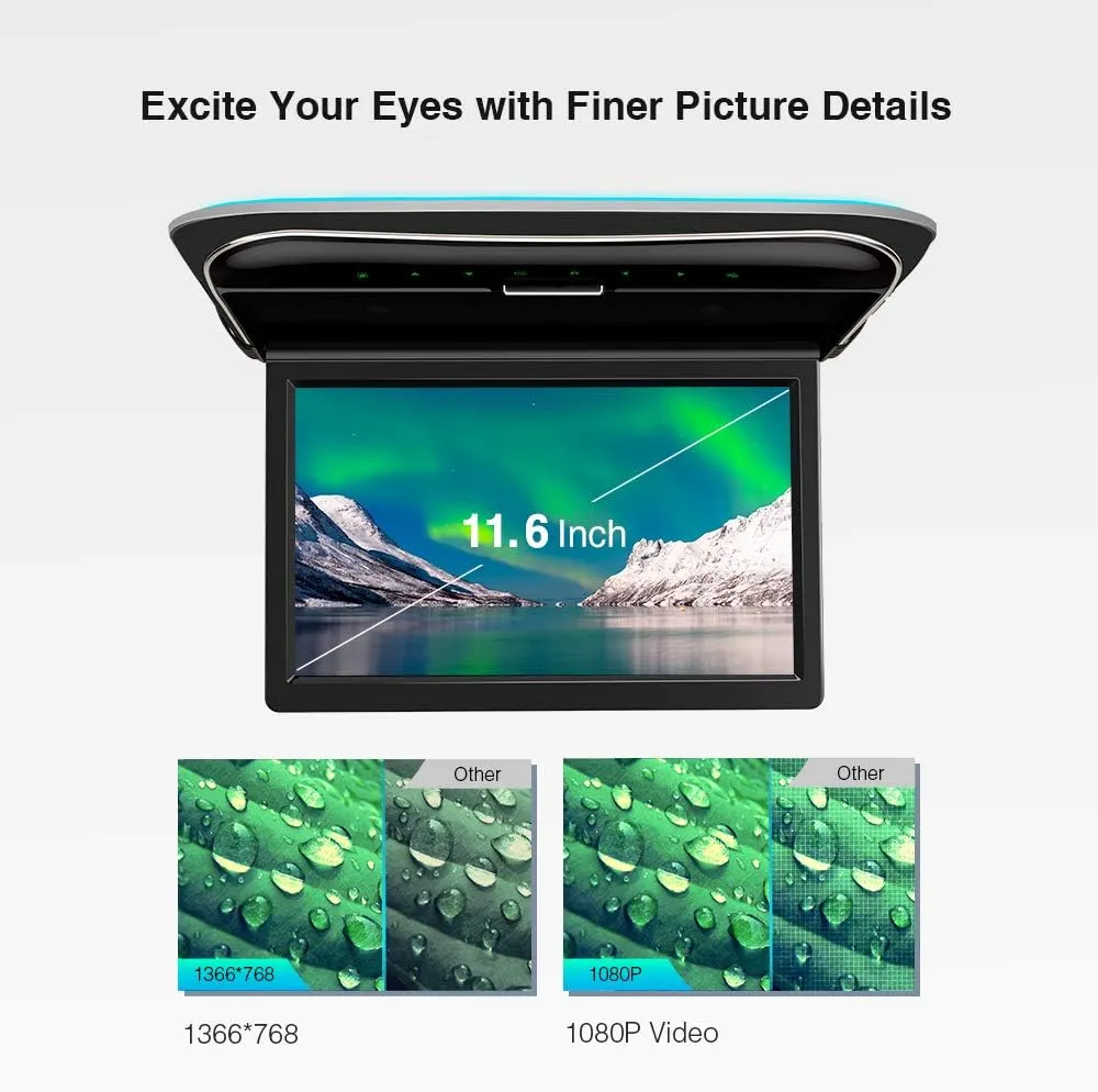 XTRONS 11.6 Inch Car Overhead Roof Mounted Monitor Screen Ultra-Thin Flip Down TV for Cars 1080P Car Video Player with Built-in Speaker Support IR, USB, HDMI, AV Input (No DVD)