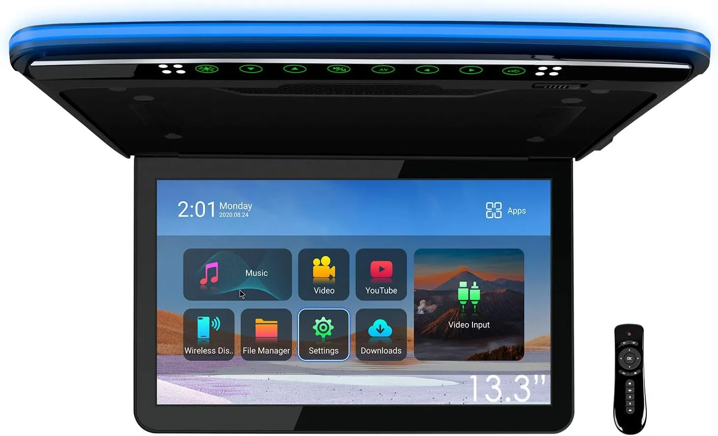 XTRONS Android Car Overhead Player 13.3 Inch Wide IPS Screen Car Roof Mount Monitor with Built-in Stereo Speakers Flip Down Overhead Car Monitor Support 8K Video, Bluetooth, WiFi, HDMI, USB, IR